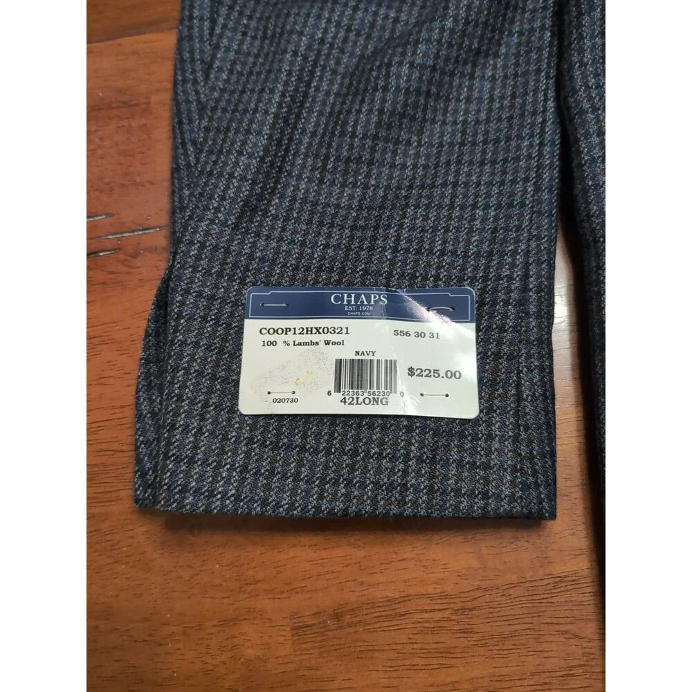 CHAPS SPORT COAT MEN'S 42L NAVY BLUE Lambswool Houndstooth 2 Button Blazer